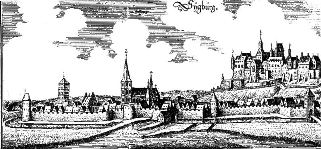Die Töpferstadt Siegburg mit der mächtigen Abtei Michaelsberg im Hintergrund, Merianstich, ca. 1640/41